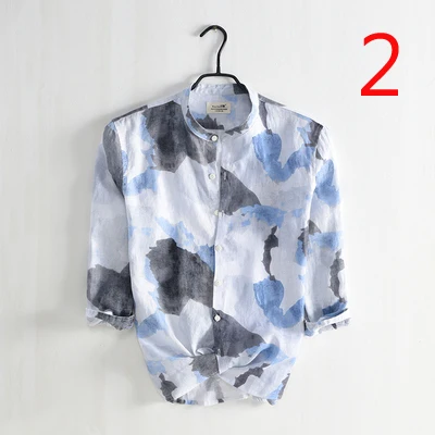 

Fashion printed seven-point sleeve linen shirt men's summer vacation casual breathable collar cotton