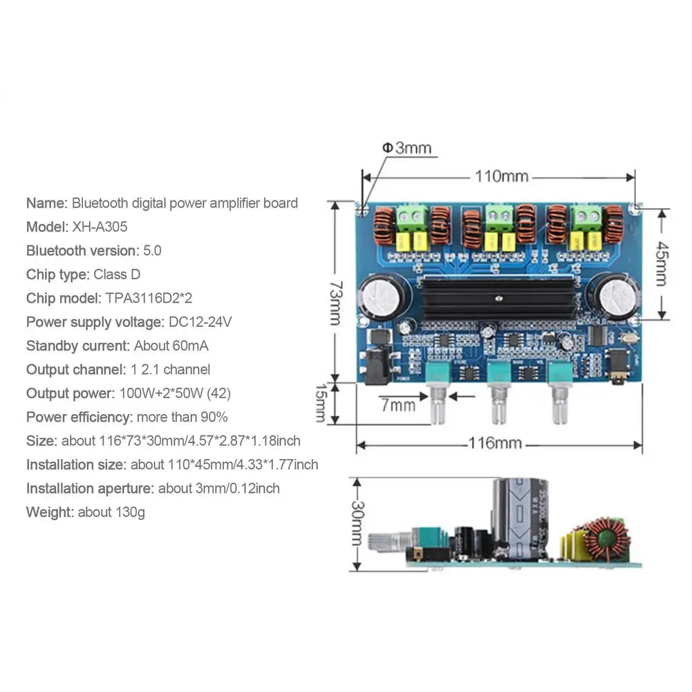 

tmddotda DC12~24V 100W+50W*2 5.0 Bluetooth Amplifier Board High Power Dual TPA3116D2 2.1 Digital Amplifier Board with AUX Tone