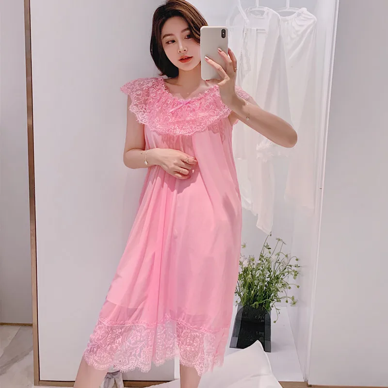 

French Retro Modal Nightdress Summer Girl One-line Collar Lace Short Sleeve Sweet Palace Style Can Be Worn Outside Home Clothes