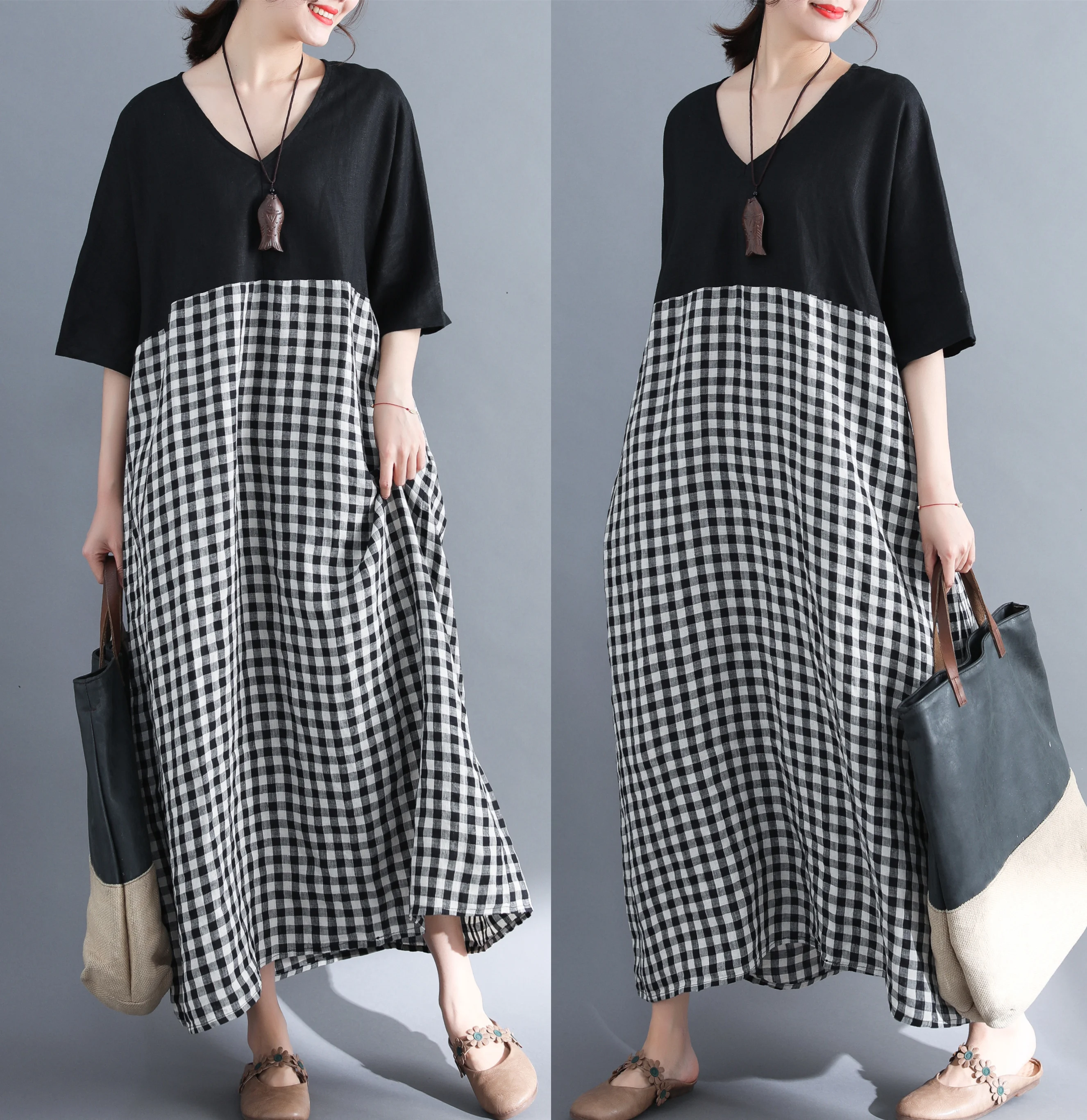 

Summer new Korean loose linen plaid plus size women's dress