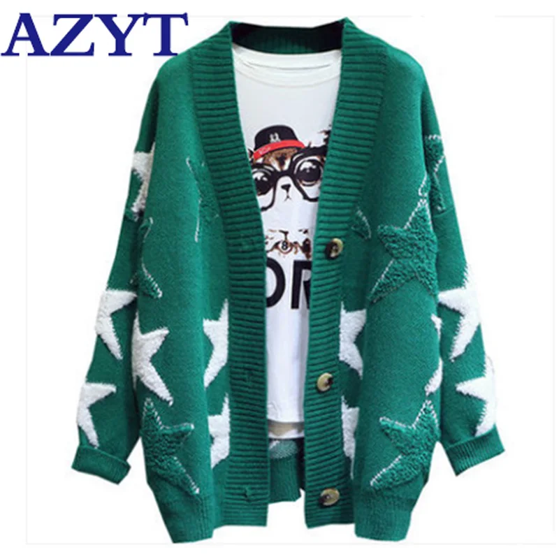 AZYT модный лоскутный вязаный свитер со звездами и вышивкой кардиган Женская