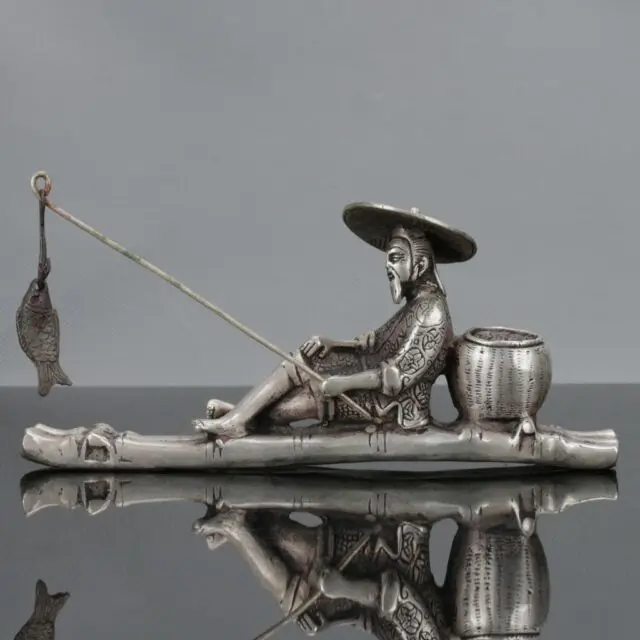 

Old Chinese Tibet Silver Hand Carved Fisherman His Bamboo Raft Statue