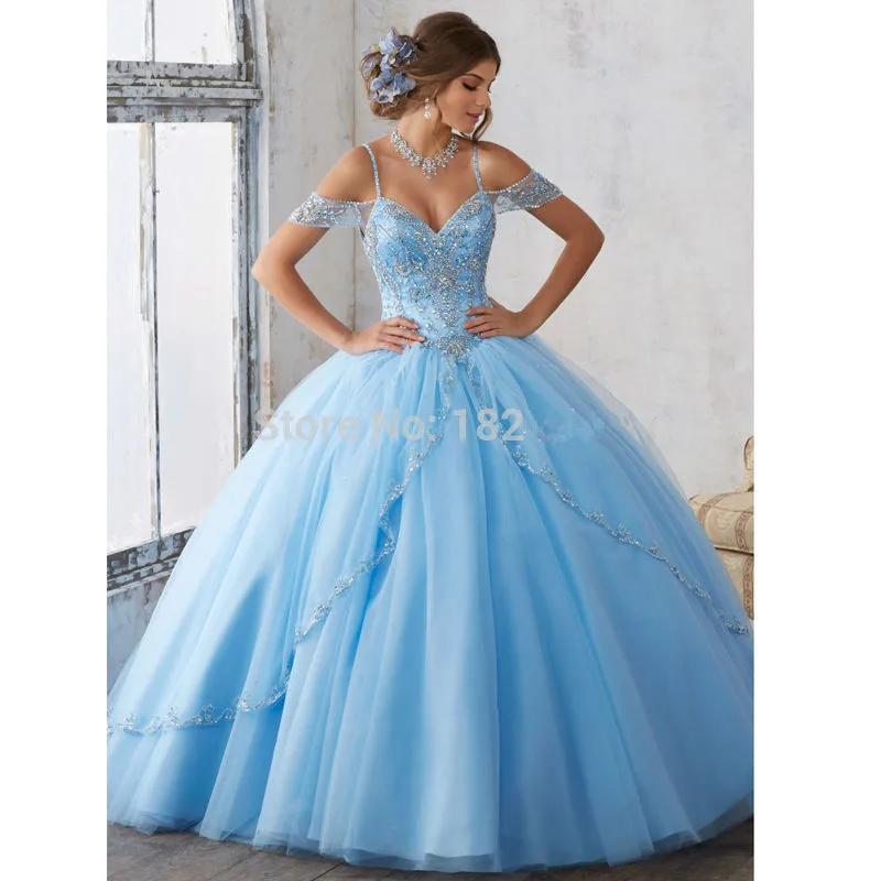 

Sky Blue Quinceanera Dresses Ball Gown Spaghetti Straps Tulle Beaded Crystals Cheap Sweet 16 Dresses HWF042