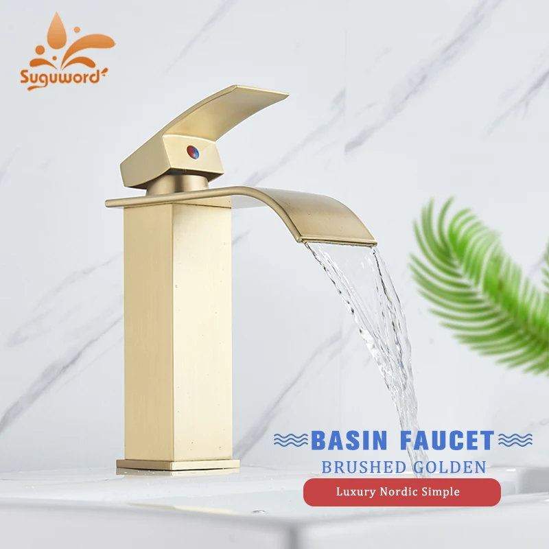 

Suguword Brushed Golden Bathroom Basin Faucet Waterfall Spout Hot and Cold Water Mixer Tap Deck Mounted for Vessel Sink