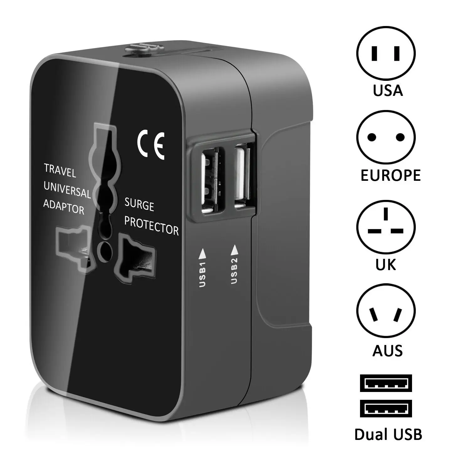 Универсальный дорожный адаптер для зарядного устройства с 2 USB портами Европа
