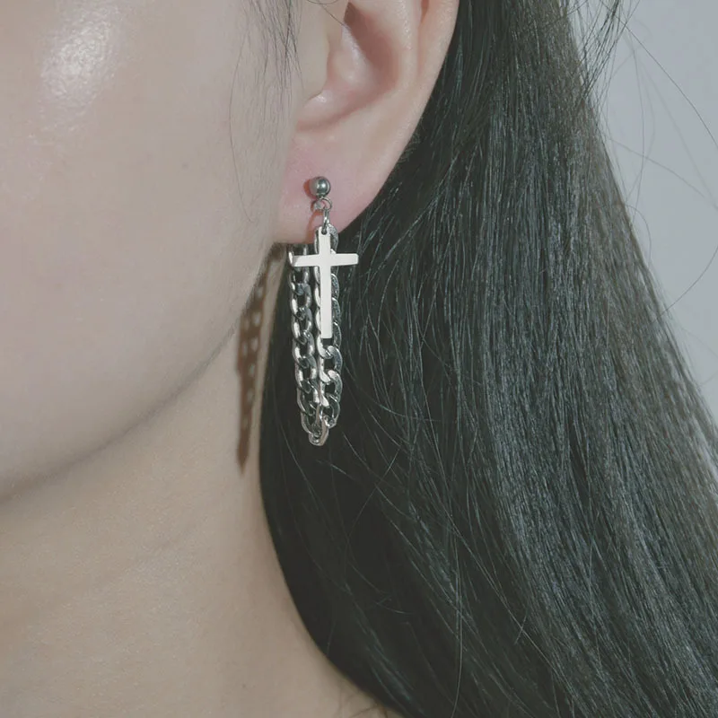 

Personality Men Women Stainless Steel Earrings Punk Long Chain Cross Dangle Drop Earrings Unisex Party Gifts Hip Hop Jewelry