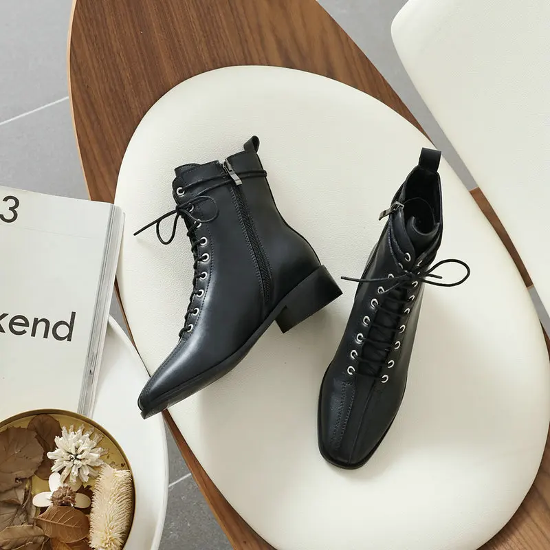 

2021 New PU Leather Women Ankle Boots Square Heel Ladies Shoes Round Toe Lace Up + Zipper Autumn Winter Women Shoes Size34-43