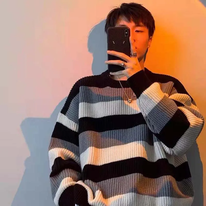 Striped Colorful Sweater Men's Autumn And Winter Ins Trend Loose Bottoming Shirt Winter Retro Round Leading Wind Sweater