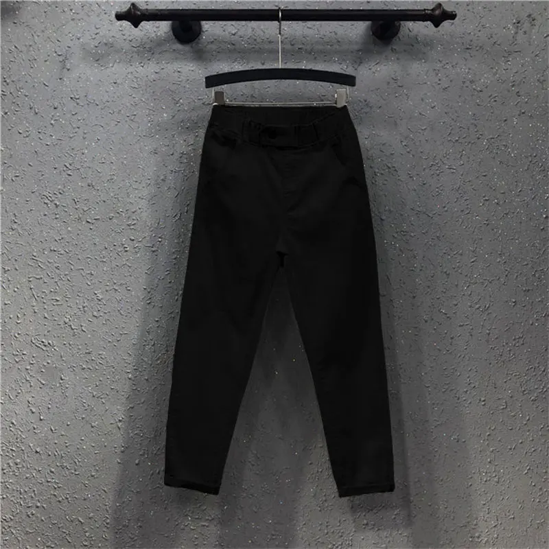 

Spring Summer Women Ankle-length Pants Plus Size Solid Cotton Denim Loose Harem Pants White Black Elastic Waist Jeans M-3XL