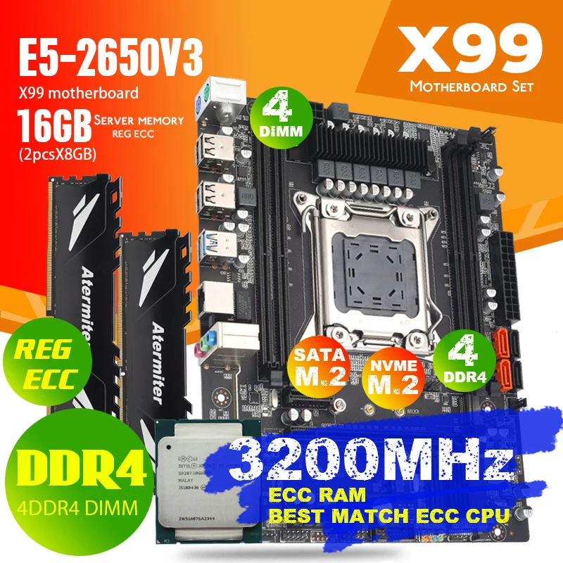 Atermiter X99 D4 DDR4 набор материнских плат с Ксеон E5 2650 V3 LGA2011 3 Процессор 2 шт. X 8 ГБ = 16 Гб