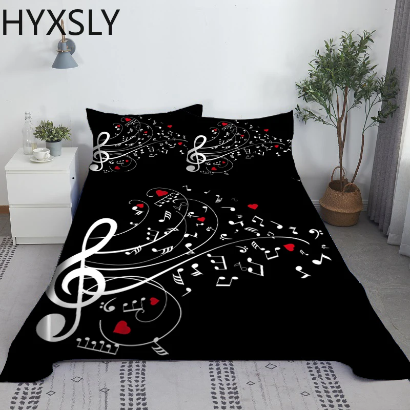 Music Notes Pattern Bed Sheet Set 3D Print Art Style Polyester Bed Flat Sheet Pillowcase White Black Bed Linen Customized Size