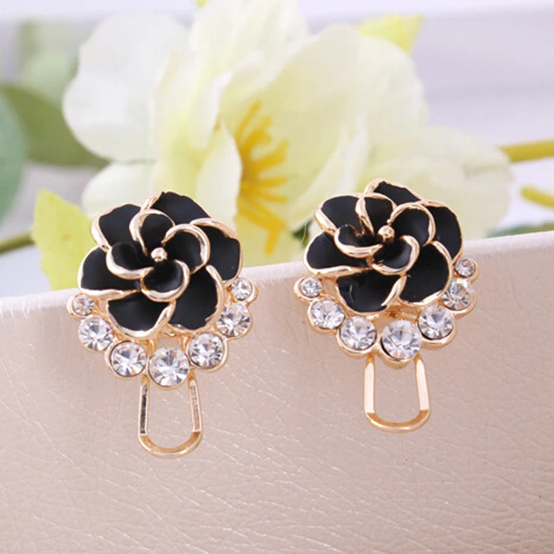 Женские серьги с цветком розы клипсы кристаллами стразы черный белый