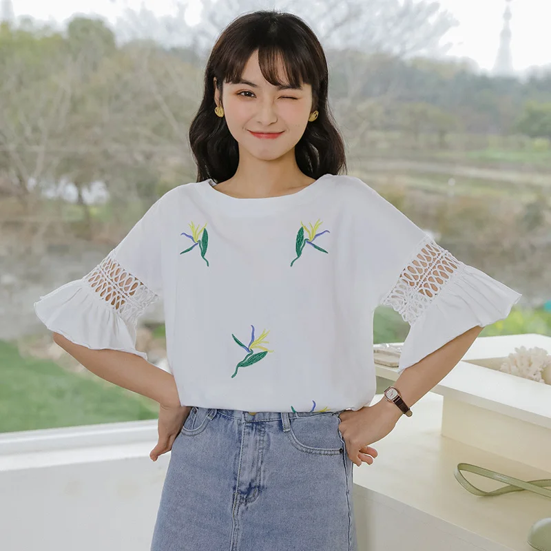 Женская свободная футболка с коротким рукавом ажурный топ цвета хаки и оборками