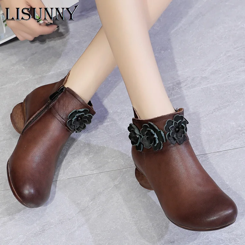 

LISUNNY Spring Autumn Women Boots Genuine Leather Thick Heels Ankle Boots For Women Shoes Retro Flower Zipper Short Boots