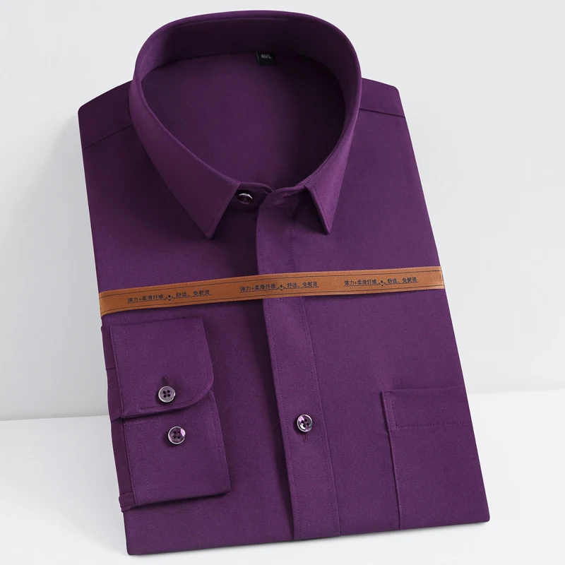 

Men's Casual Thin Stretch Long Sleeve Dress Shirts Single Patch Pocket Standard-fit Formal Work Office Solid Basic Tops Shirt