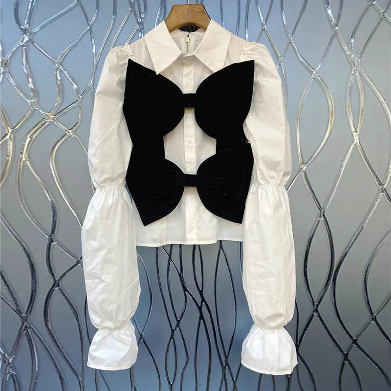 

Retro White Shirt Women Spring Autumn Designer Chic Kawaii Bow Long-Sleeved Short Top 2021 Fashion New White Blouse