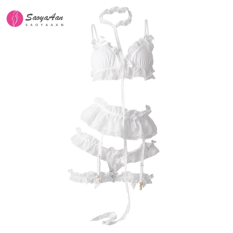 

Lolita Women Sexy Lingerie Set Cute White Ruffles Lace Ladies Kawaii Babydoll Soft Girl Black Pajamas Cosplay Costumes Gifts