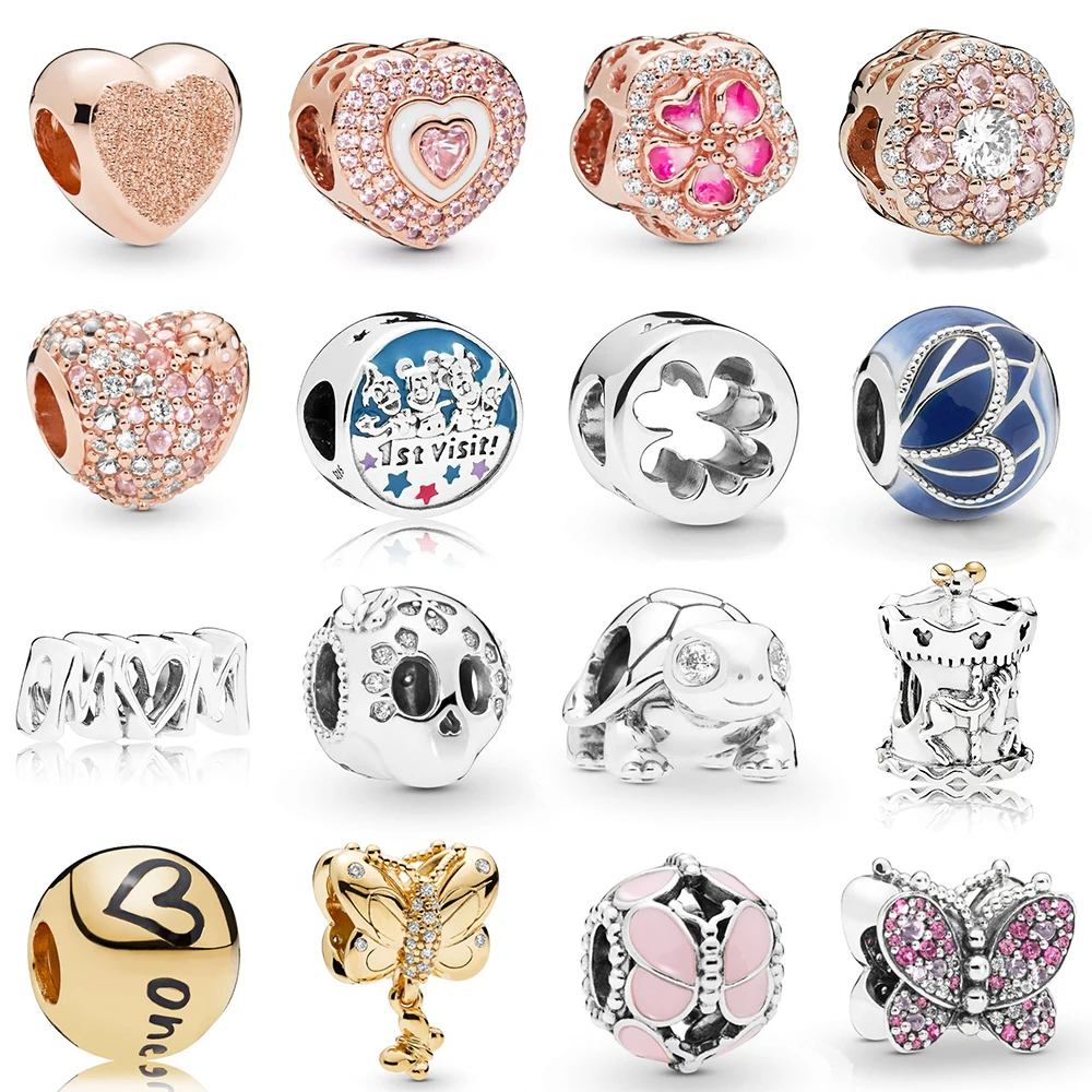 

2019 NEW 100% 925 Sterling Silver Rose Gold Heart Shaped Flower Butterfly Clear CZ Charm Fit European Diy Bracelet Original Gift