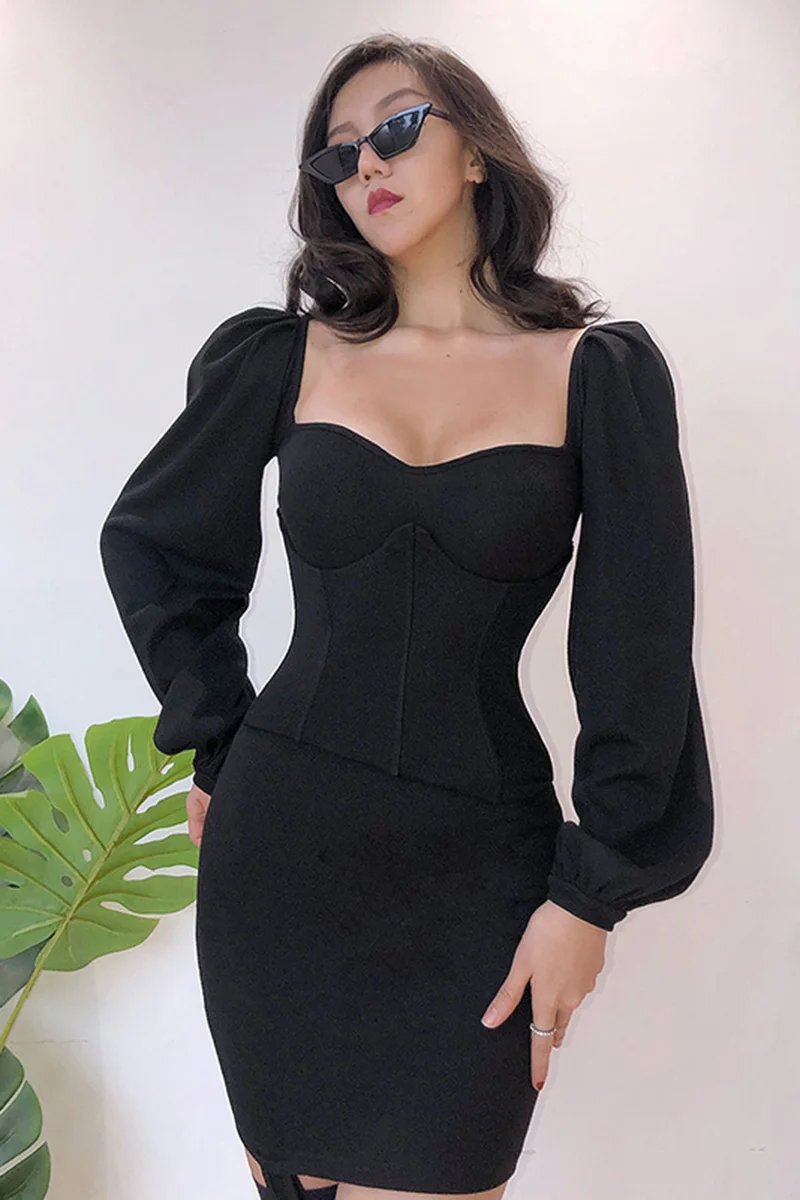 

French Style Bubble Sleeve Dress for women in the early autumn of 2020 new style fishbone waistband show thin long sleeve hip