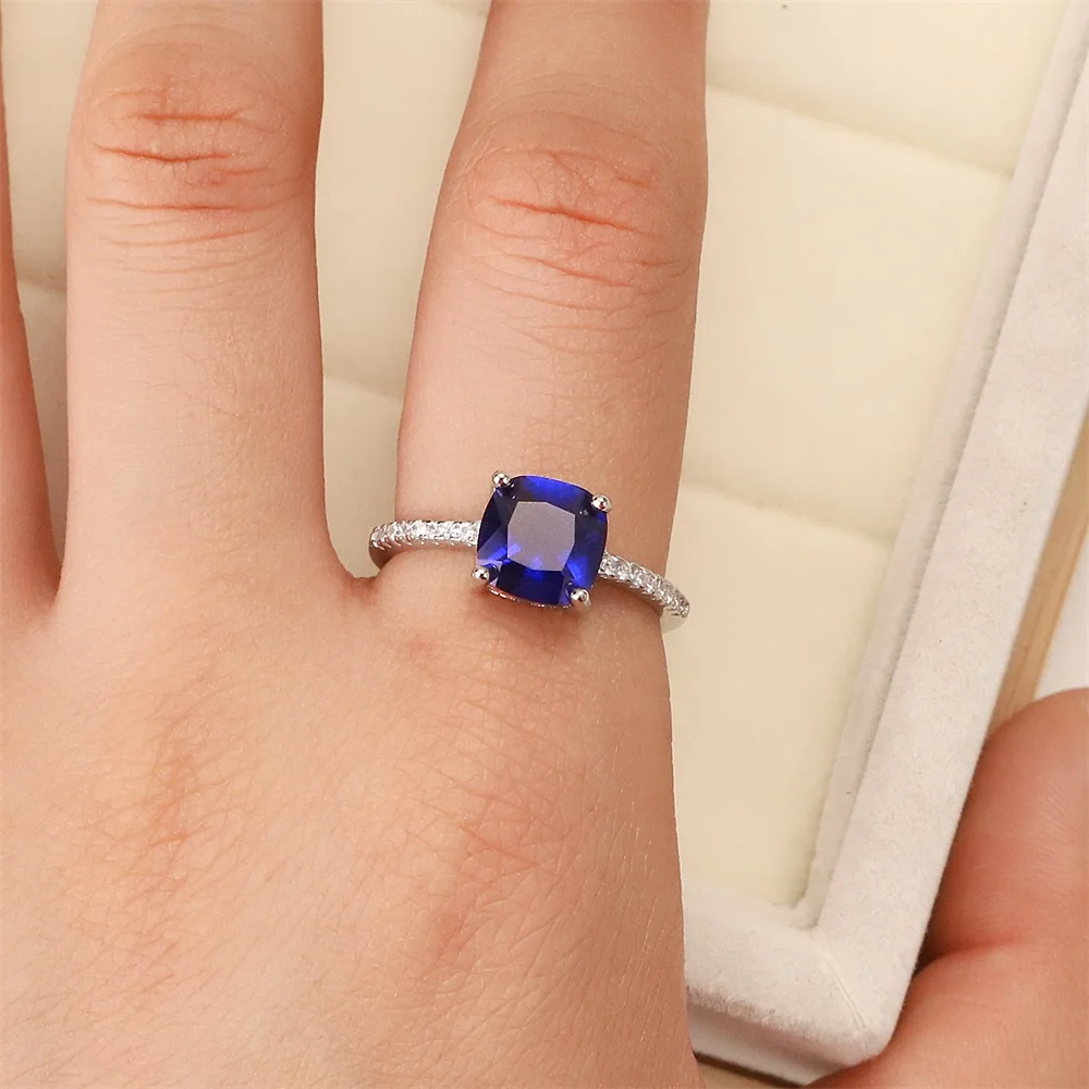 

S925 Silver New Style Moissanite Inlaid Blue Topaz Square Diamond Ring Female Personality Wedding Romantic Luxury Jewelry Gift