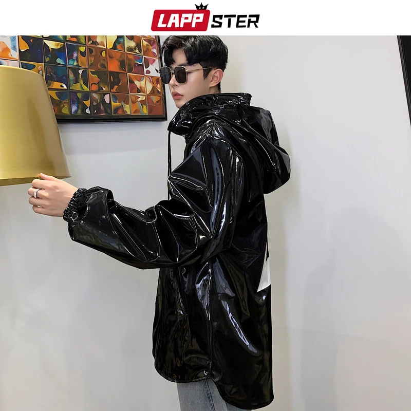 Мужская кожаная куртка с капюшоном ветровка в стиле хип хоп черная уличная