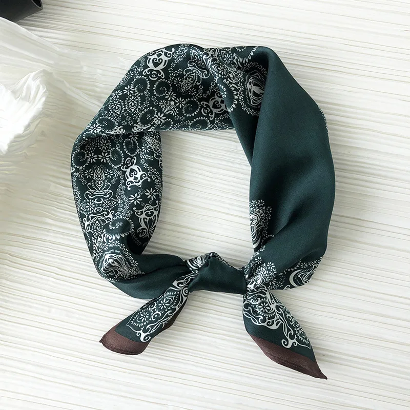 

100% Silk Scarf Shiny Bandana Unisex Man Women Vintage Flower Print Kerchief Turban Small Headband Bow Tied 53*53cm