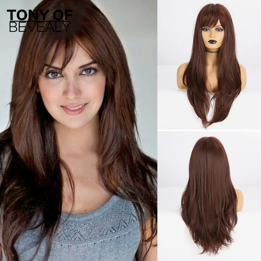 Длинные волнистые коричневые синтетические парики для женщин с боковой челкой