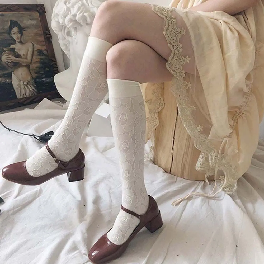 

Summer Fashion Socks Retro Lolita Embroidery Floral Stocking Women High Elastic Long Knee Socks