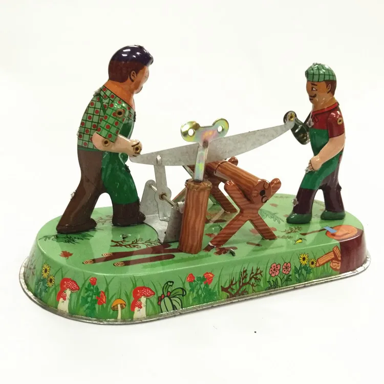 

[Funny] Adult Collection Retro Wind up toy Metal Tin Saw woodworking sawyer man Mechanical Clockwork toy figures model kids gift