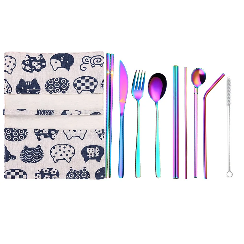 9PCS Colorful Tofok набор посуды из нержавеющей стали, ложка, вилка, палочки для еды, солома, упаковка ткани, столовые приборы для путешествий, для офиса, пикника, барбекю - Цвет: 9PCS Colorful