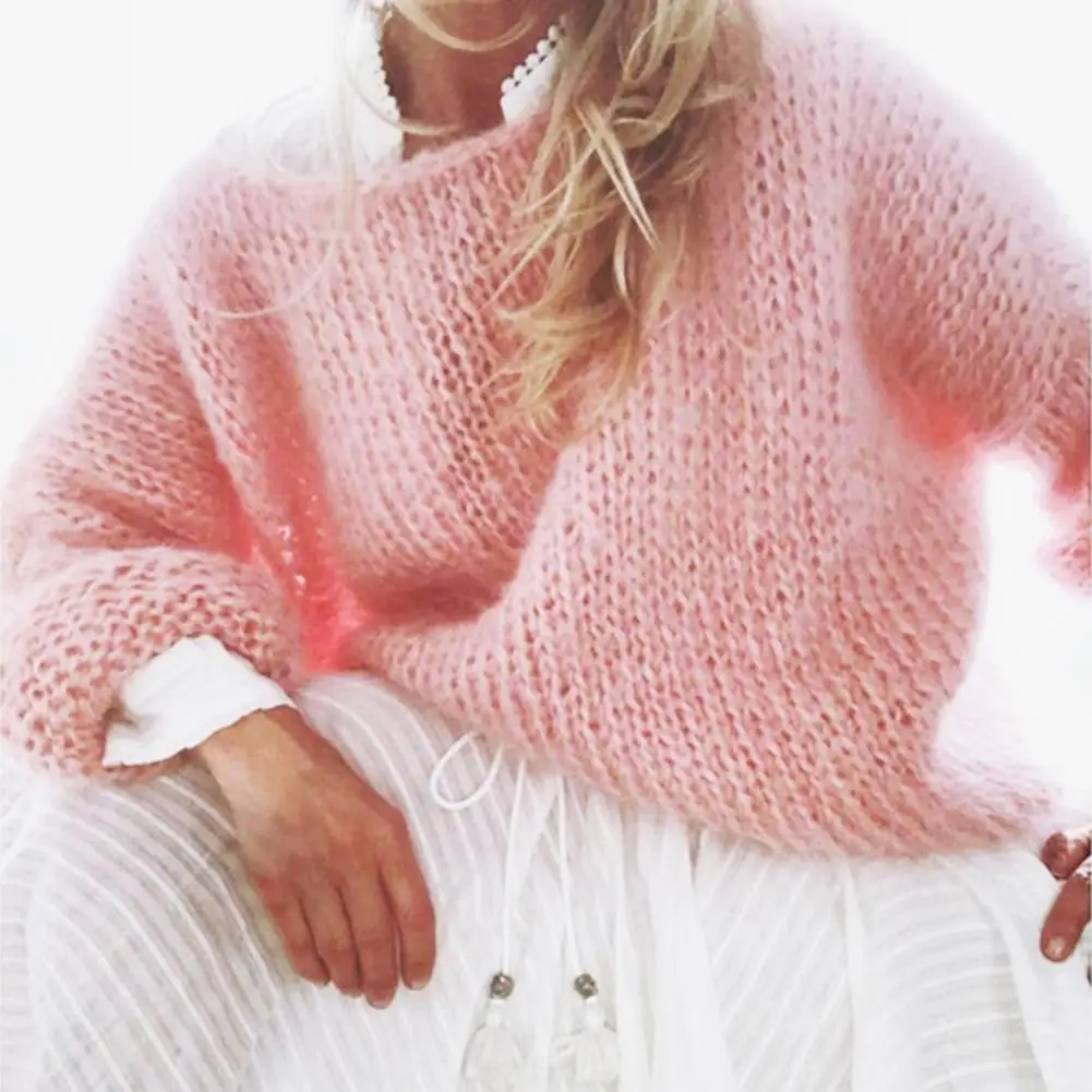 

Women Lantern Long Sleeve Round Neck Sweater Fluffy Fuzzy Mohair Pullover Tops Knitted Solid Color Oversized Loose Jumper