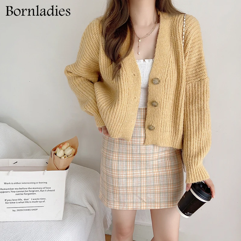 Bornladies Vintage V Neck Soft Warm Loose Women Knitted Cropped Cardigan Elegant Full Sleeve Single-breasted Female Sweater Coat |