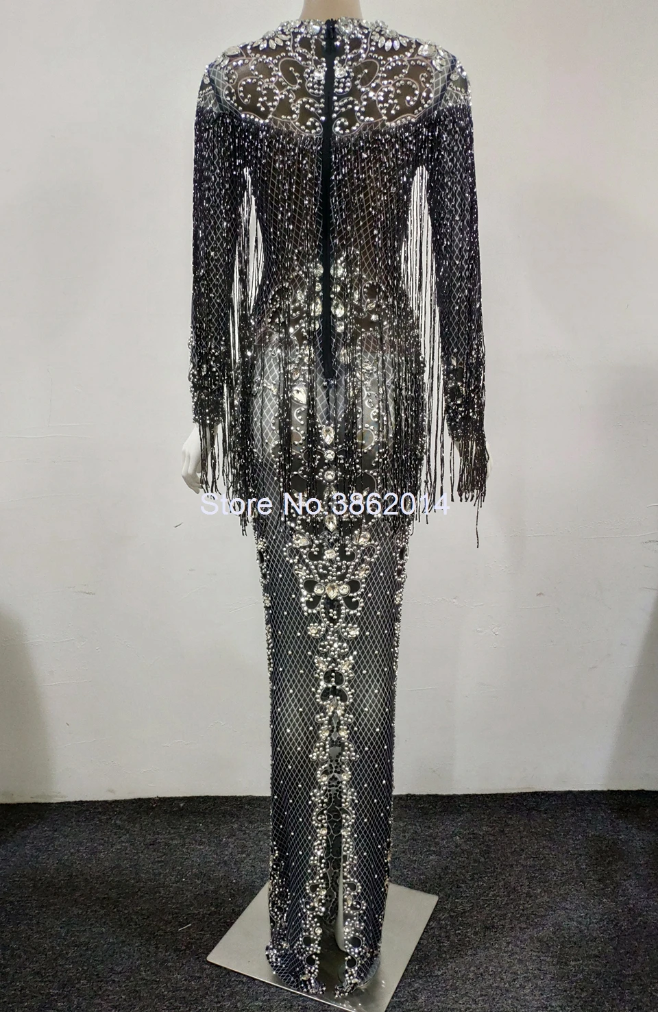 

Hot Sale Sexy Mesh Perspective Sparkly Crystals Long Dress Evening Party Rhinestones Birthday Celebrate Outfit Fringes Dresses