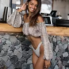 Женский топ-бикини, с открытыми плечами и вырезом-лодочкой, с принтом змеиной кожи, праздничная Сексуальная Блузка с длинным рукавом, пляжный стиль, лето, 2020