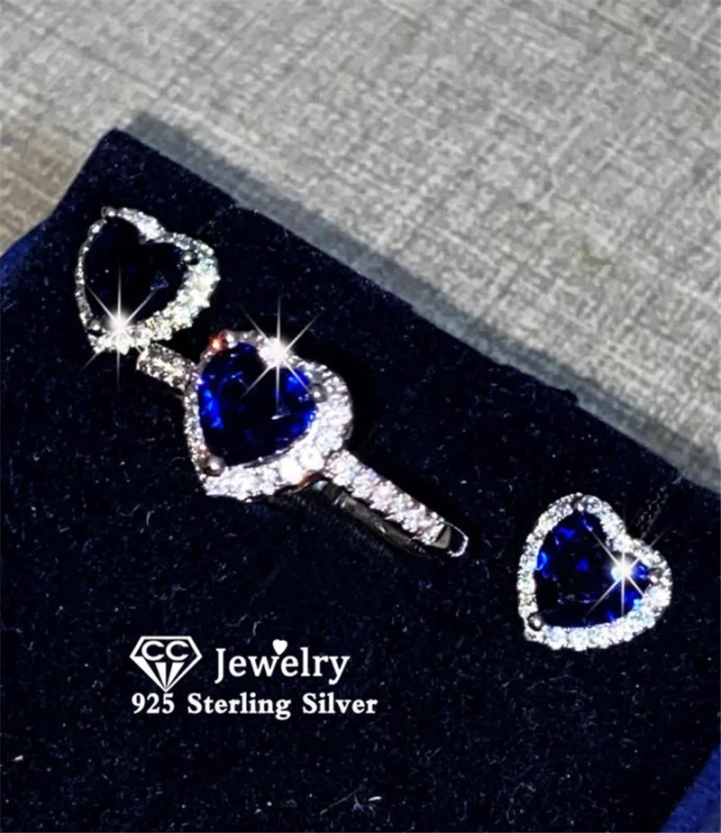

CC Heart Rings Sets Stud Earrings For Women Zirconia 925 Wedding Romantic Trendy Fine Jewelry Set Drop Shipping