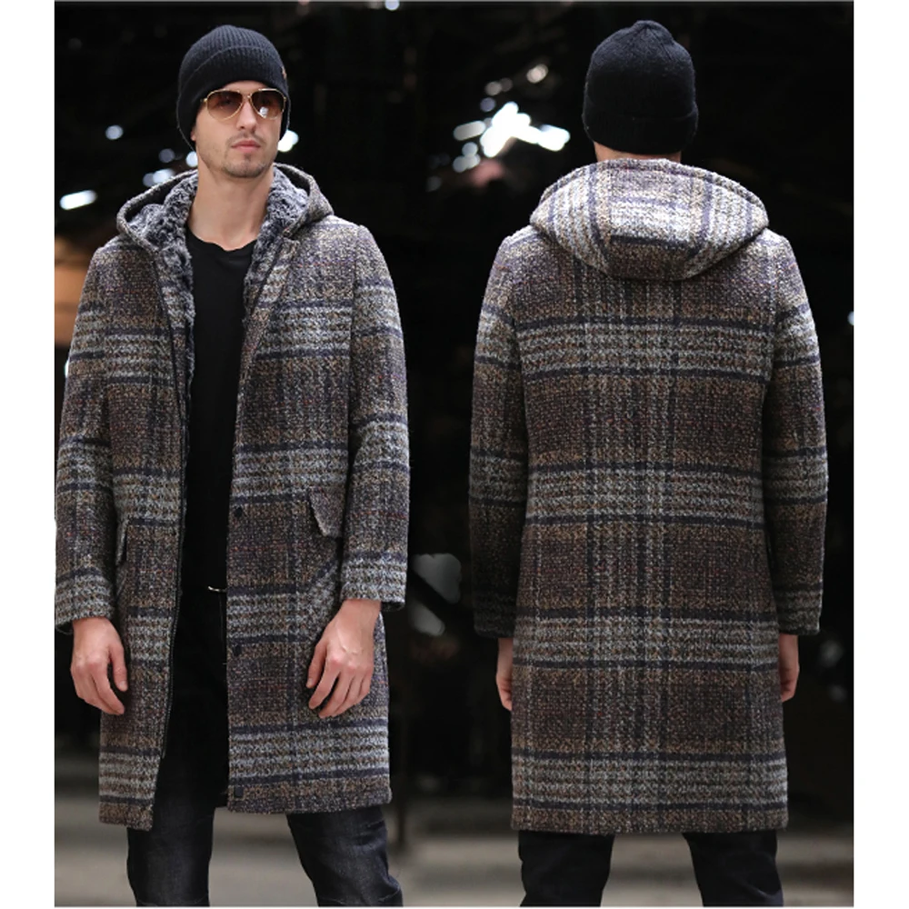 Мужская длинная Шуба с капюшоном SANI коричневая теплая шуба из натурального меха