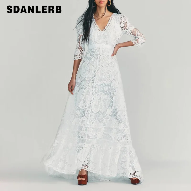 

French Style Retro Elegant Maxi Dress Lace-up V-neck Female Summer New Backless Long Dress Vintage Party Formal Evening Dresses