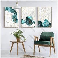 nordic style abstract pictures canvas painting wall poster golden pentagons pettern green fluid bold lines for home room decora