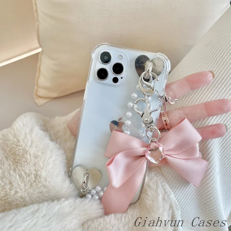 3D Bow Pearl Bracelet Chain Soft Phone Case For iphone 14 13 12 Pro Max 11 6 6S 7 8 Plus X XR XS Max SE For Samsung S22 Ultra