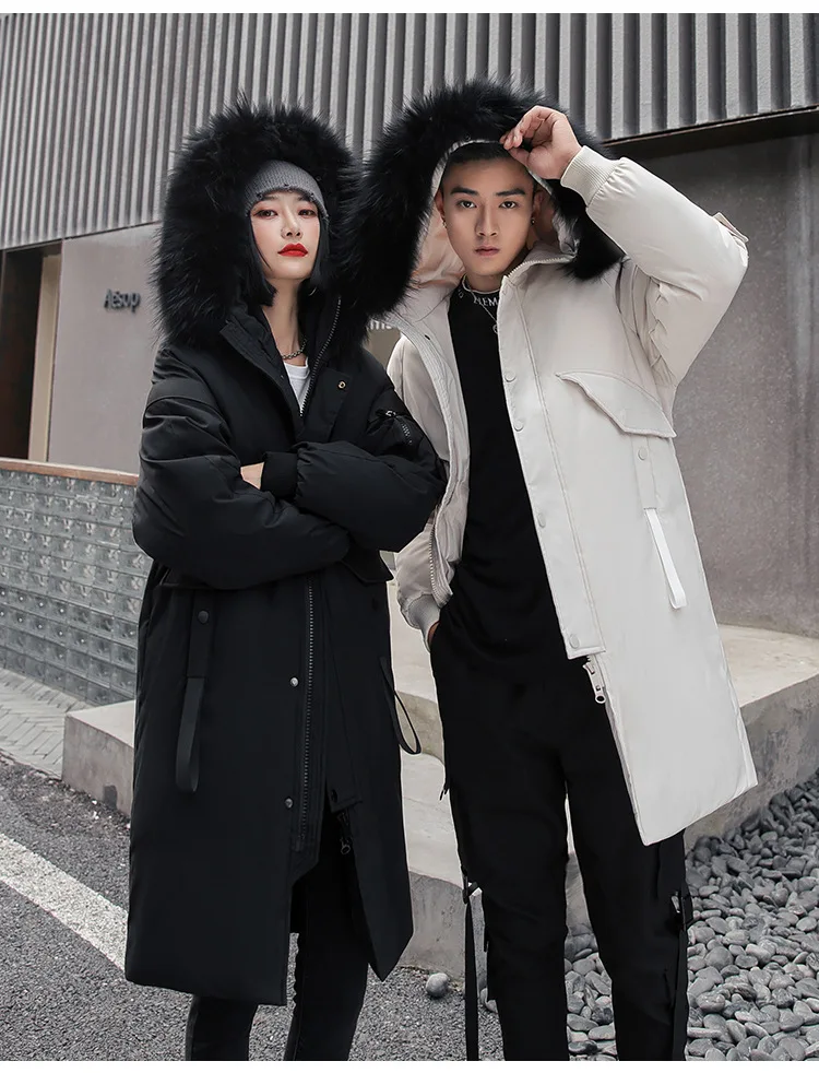 2021 couple wear mid-length down jacket winter thick white duck down men's jacket loose pie overcoming tooling women