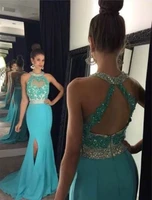 turquoise new prom dresses halter top backless mermaid evening party gowns with beading vestido de fiesta gala sleeveless gown