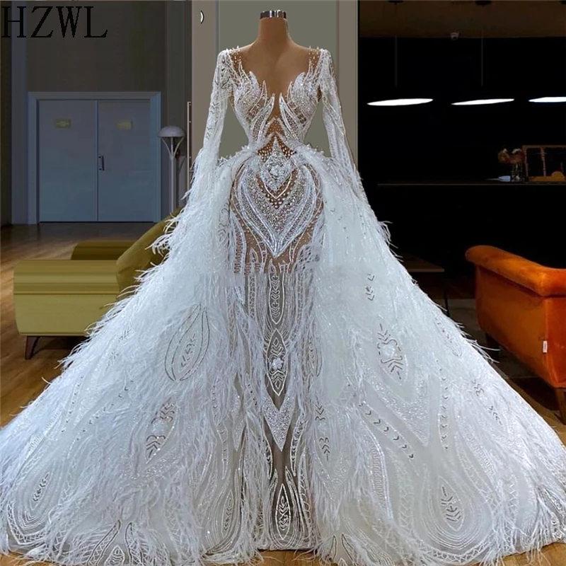 

White Feathers Puffy EveningDresses for Wedding Arabic Robe De Soiree Couture Aibye Wedding Dress Kaftans Pageant Gowns Dubai