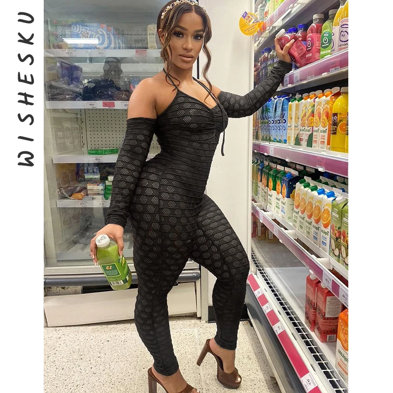 

Sexy Halter Off Shoulder Long Sleeve Jumpsuits Mesh See Through Backless One Piece Rompers 2022 Summer Gym Sporty Playsuits