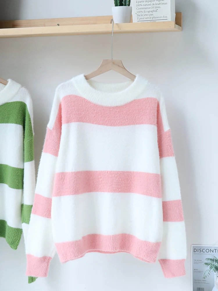 Новинка осенне-зимние Полосатые свитера в ленивом стиле Женский трикотажный