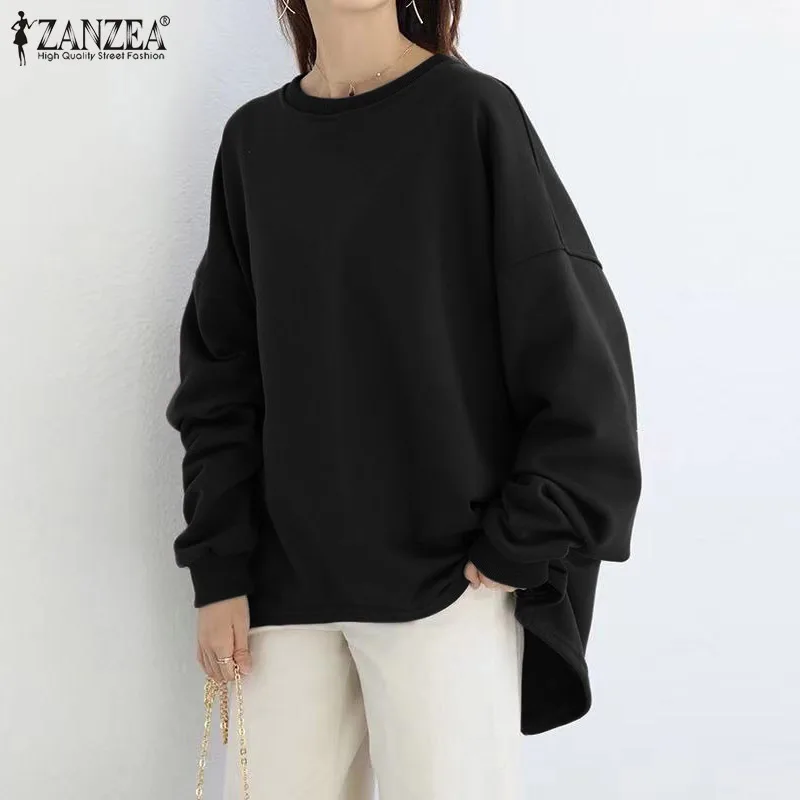 

ZANZEA 2022 Harajuku Casual Women Sweatshirts Solid Long Sleeve Pullovers Oversized Spring Autumn Loose Split Tops Sweatshirts