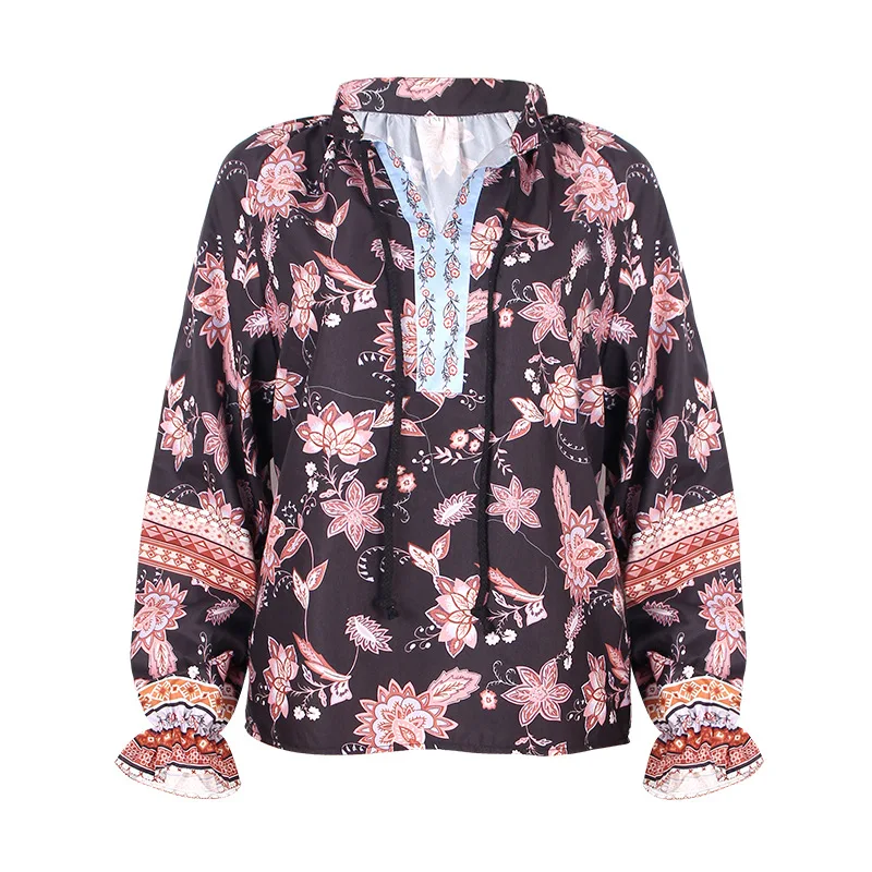 

Spring Women Long Sleeve Shirt Fashion Print V-Neck Lantern Sleeve Black Top Woman Casual Loose Lace Up Blouses Chemisier Femme