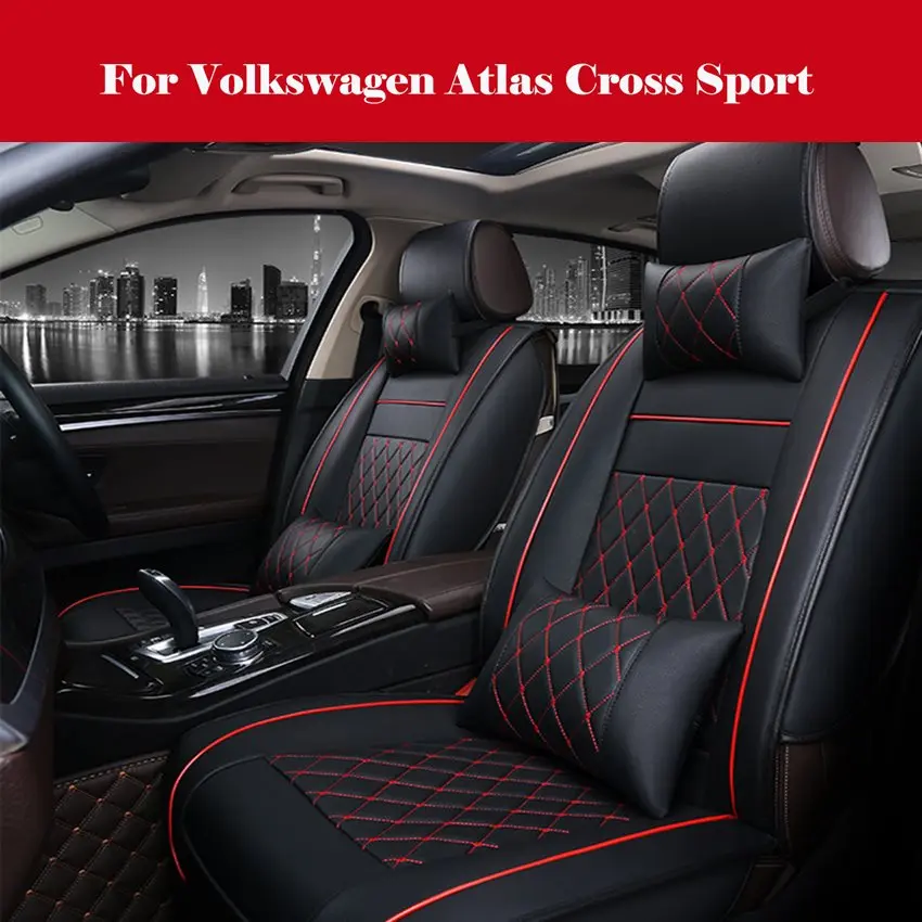 

Black PU Leather Car Seat Covers Sit Cushion Protect Set + Pillows Universal Seat cushion For Volkswagen Atlas Cross Sport