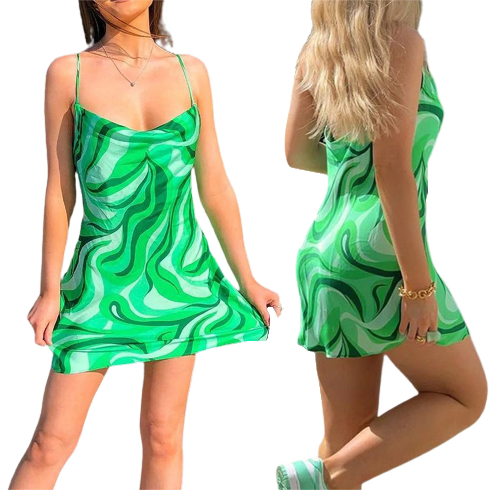 

Summer Women\u2019s Fashion Ripple Printing Dress Sexy Backless Sleeveless Suspender A-line Short Dress Green