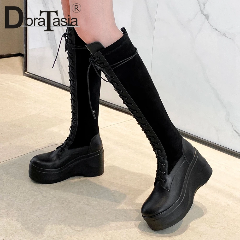 

DORATASIA Brand New Female Genuine Leather Boots Autumn Fashion Platform Boots Women Wedges High Heels shoelace Shoes Woman
