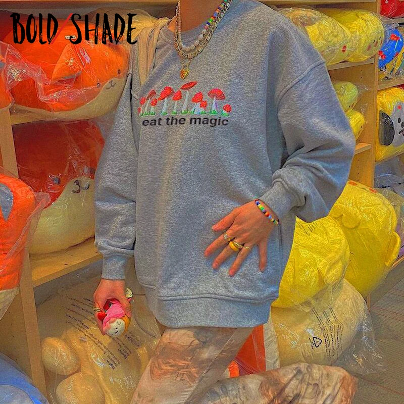 

Bold Shade Indie Aesthetic Y2K Hoodie Soft Girl Style Long Sleeve Loose Sweatshirt Mushroom Embroidery O-neck Hoodies Cute 2021